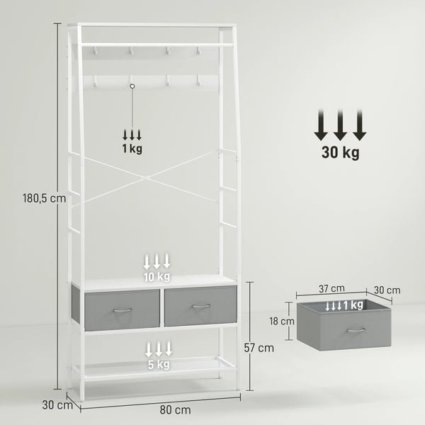Hallmöbel - Klädhängare med skoförvaring - Mått 80×30×180,5 cm - Krokar - Lådor - Klädstång - Kaffebrun
