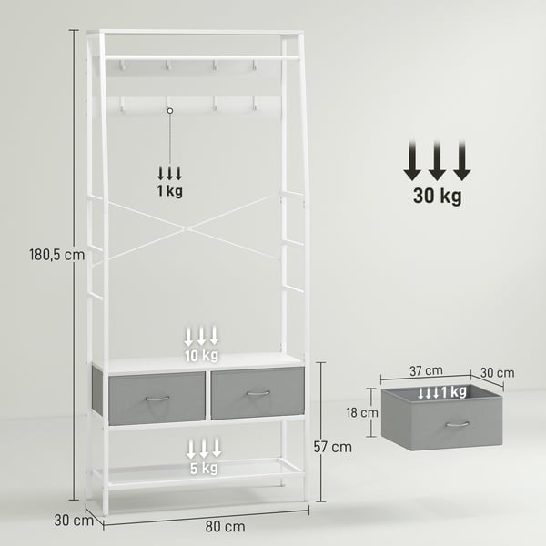 Hallmöbel - Klädhängare med skoförvaring - Mått 80×30×180,5 cm - Krokar - Lådor - Klädstång - Kaffebrun