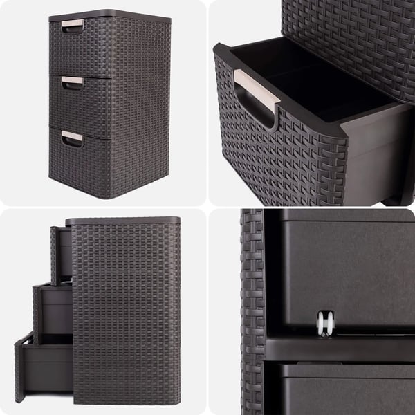 Opbevaringsskab - Skuffemodul med 3 skuffer - Plast - Rattan-look - Badeværelse - 3x14 L (42 L) - Brun