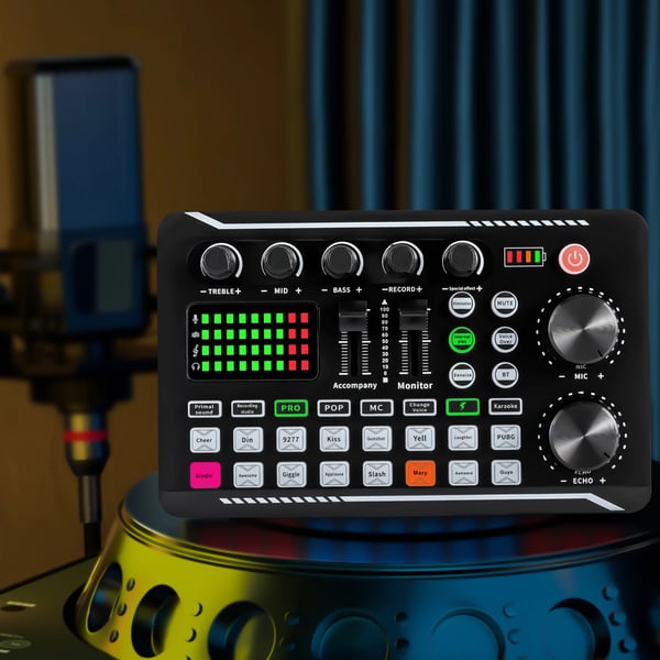 Lydkort & Mixer - F998 - Bluetooth - 12 Lydeffekter - 4 Stemmeeffekter - Justerbar Diskant/Mellemtone/Bas - LED-lys - Sort