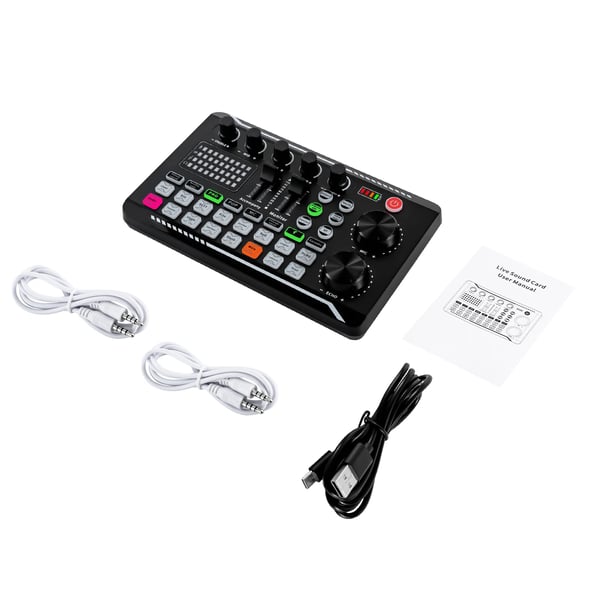 Lydkort & Mixer - F998 - Bluetooth - 12 Lydeffekter - 4 Stemmeeffekter - Justerbar Diskant/Mellemtone/Bas - LED-lys - Sort