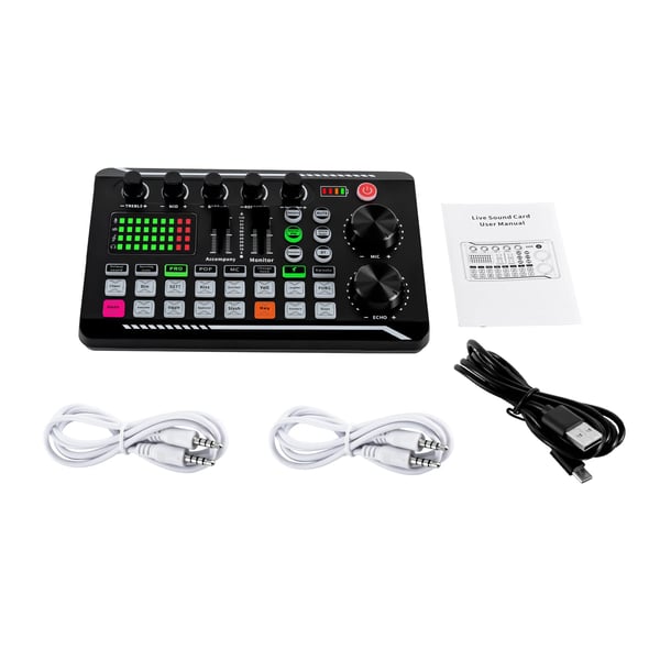 Lydkort & Mixer - F998 - Bluetooth - 12 Lydeffekter - 4 Stemmeeffekter - Justerbar Diskant/Mellemtone/Bas - LED-lys - Sort