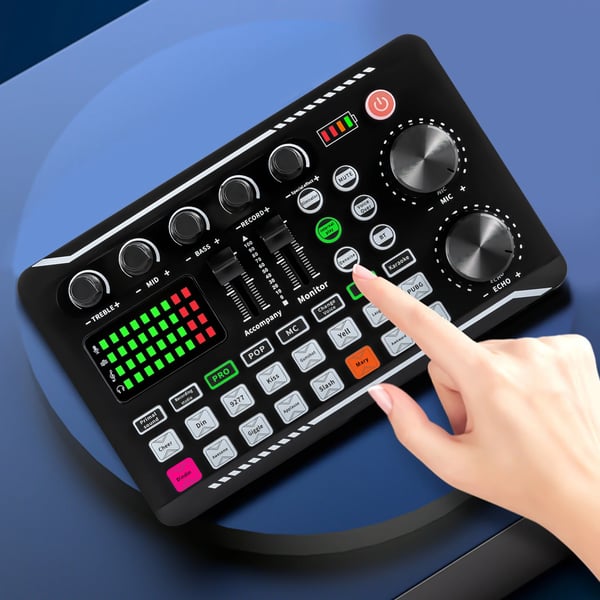 Lydkort & Mixer - F998 - Bluetooth - 12 Lydeffekter - 4 Stemmeeffekter - Justerbar Diskant/Mellemtone/Bas - LED-lys - Sort