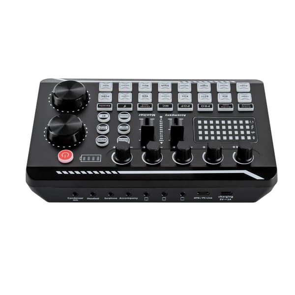 Lydkort & Mixer - F998 - Bluetooth - 12 Lydeffekter - 4 Stemmeeffekter - Justerbar Diskant/Mellemtone/Bas - LED-lys - Sort