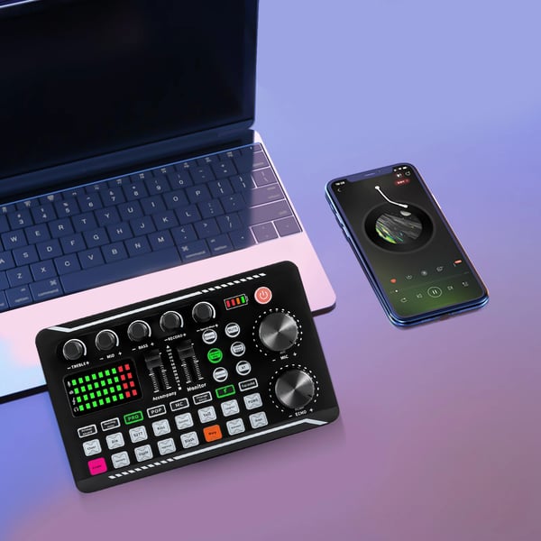 Lydkort & Mixer - F998 - Bluetooth - 12 Lydeffekter - 4 Stemmeeffekter - Justerbar Diskant/Mellemtone/Bas - LED-lys - Sort