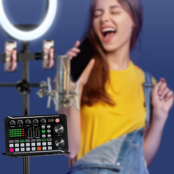 Lydkort & Mixer - F998 - Bluetooth - 12 Lydeffekter - 4 Stemmeeffekter - Justerbar Diskant/Mellemtone/Bas - LED-lys - Sort