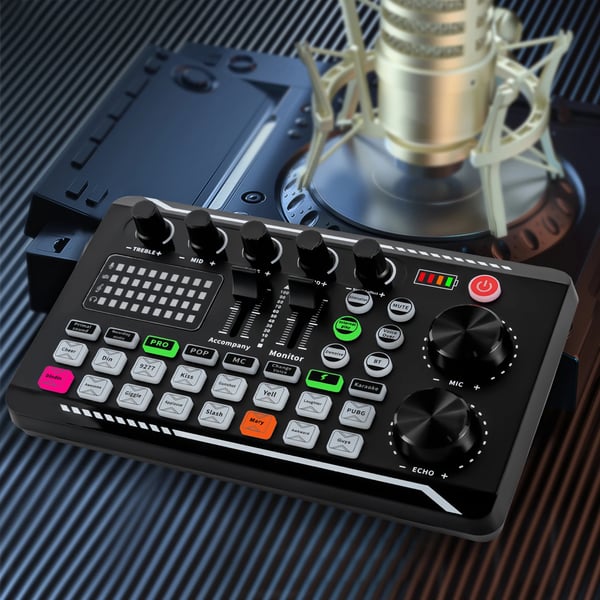 Lydkort & Mixer - F998 - Bluetooth - 12 Lydeffekter - 4 Stemmeeffekter - Justerbar Diskant/Mellemtone/Bas - LED-lys - Sort