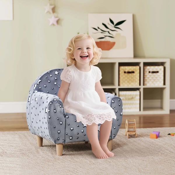 Barnfåtölj/soffa - 1-sits - Självlysande stjärnor - Mjuk sammet - 55×40×55 cm - Skumstoppning - Montering krävs - Grå