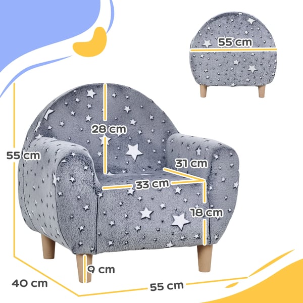 Barnfåtölj/soffa - 1-sits - Självlysande stjärnor - Mjuk sammet - 55×40×55 cm - Skumstoppning - Montering krävs - Grå