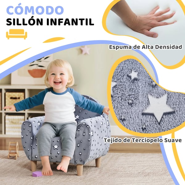 Barnfåtölj/soffa - 1-sits - Självlysande stjärnor - Mjuk sammet - 55×40×55 cm - Skumstoppning - Montering krävs - Grå