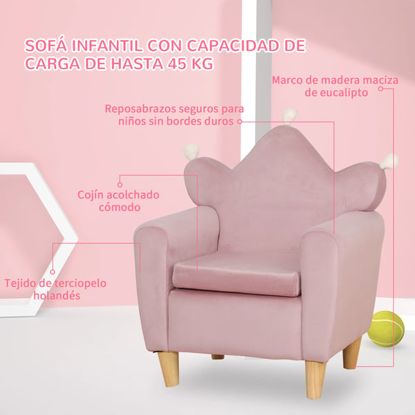 Barnfåtölj - Mini-soffa - För barn 3+ - Maxvikt 45 kg - Storlek 50×42×58 cm - En sits - Mjuk skumstoppning - Rosa