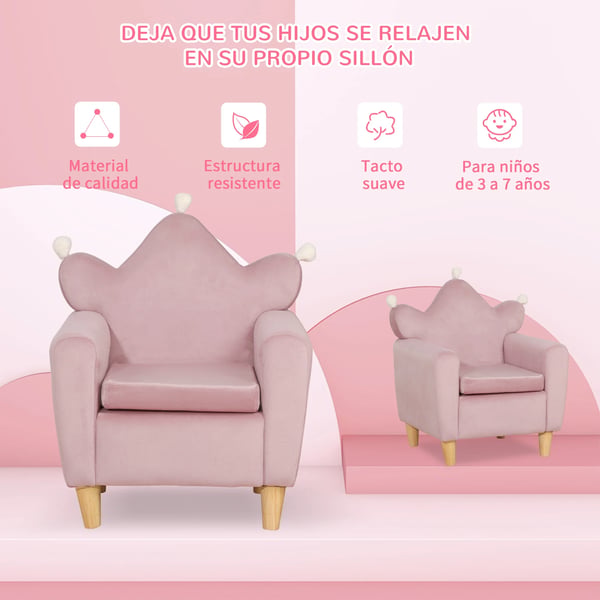 Barnfåtölj - Mini-soffa - För barn 3+ - Maxvikt 45 kg - Storlek 50×42×58 cm - En sits - Mjuk skumstoppning - Rosa