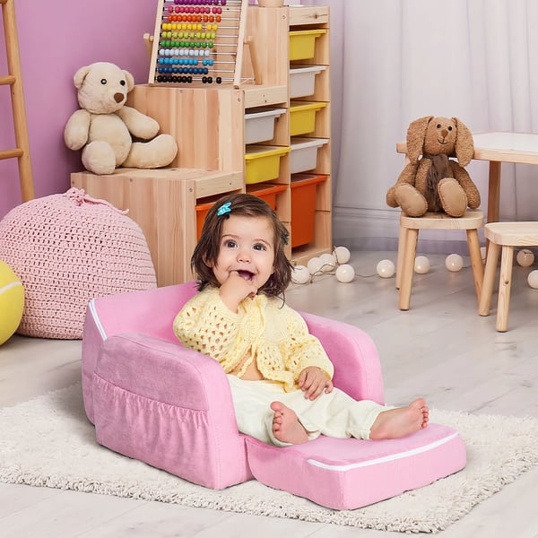 Barnfåtölj - 2-i-1 förvandlingsbar - Hopfällbar - 2 lägen - För barn 3 år - 47x45x38 cm - Rosa
