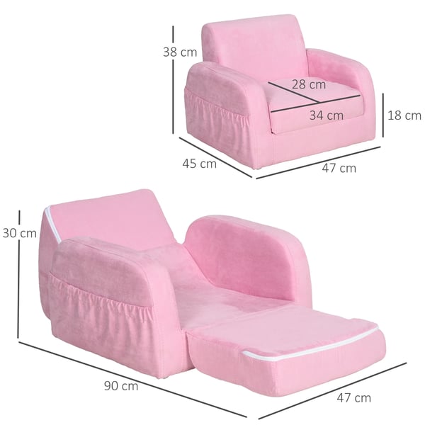 Barnfåtölj - 2-i-1 förvandlingsbar - Hopfällbar - 2 lägen - För barn 3 år - 47x45x38 cm - Rosa