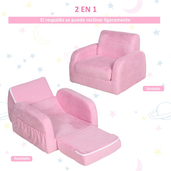 Barnfåtölj - 2-i-1 förvandlingsbar - Hopfällbar - 2 lägen - För barn 3 år - 47x45x38 cm - Rosa