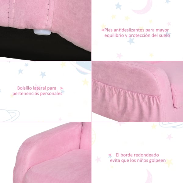 Barnfåtölj - 2-i-1 förvandlingsbar - Hopfällbar - 2 lägen - För barn 3 år - 47x45x38 cm - Rosa