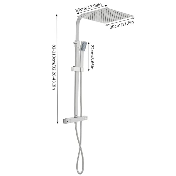 Brusesystem - Regnbrusersæt med Termostat - Firkantet 30/40 cm - Håndbruser - Etgrebsarmatur - Vægmontering - 150 cm Slange - Krom