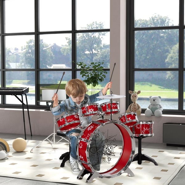 Barntrumset - Trumset med pall - Stjärnmotiv - PVC-trumskinn - PP/ABS-trumkropp - 65×22×57 cm - Röd