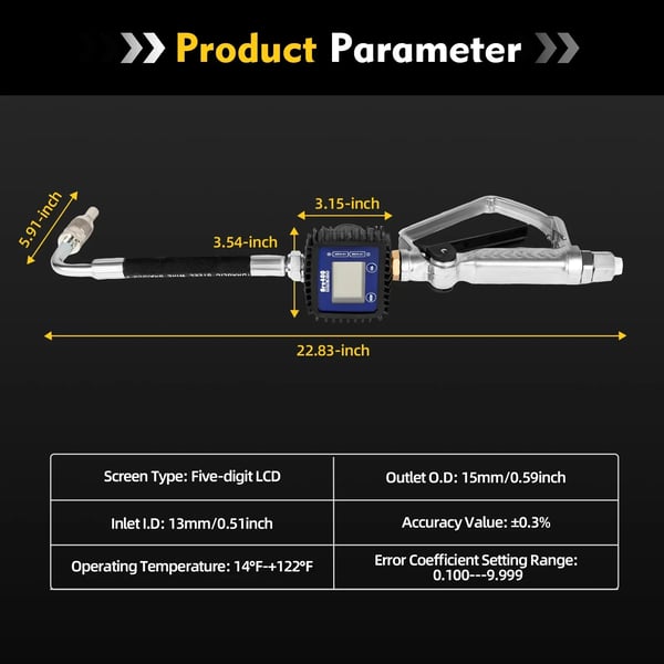 Pneumatisk dieselpåfyldningspistol - Oliemålepistol med tæller - 58×15 cm - Stivt rør - 0,6 MPa - Aluminium & gummi - Til diesel/fyrings-/smøreolie