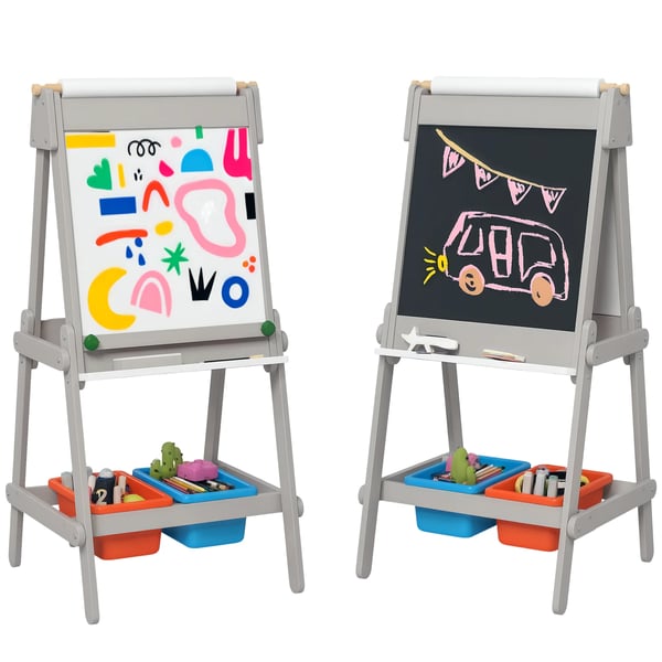 Whiteboard för barn - Staffli - Dubbelsidig - Med pappersrulle - Förvaringslådor - Suddgummi - 51×50×108 cm - MDF - Grå