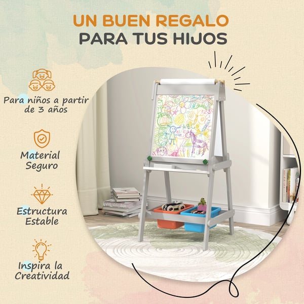 Whiteboard för barn - Staffli - Dubbelsidig - Med pappersrulle - Förvaringslådor - Suddgummi - 51×50×108 cm - MDF - Grå