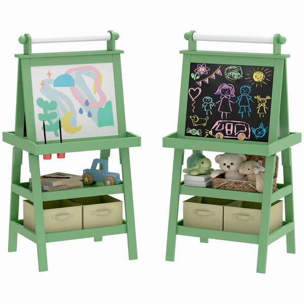 Barnstaffli - 3-i-1 dubbelsidigt rit- och målarstaffli - Whiteboard & griffeltavla - Pappersrulle - Förvaringskorgar - 59×48×118 cm - MDF - Grön