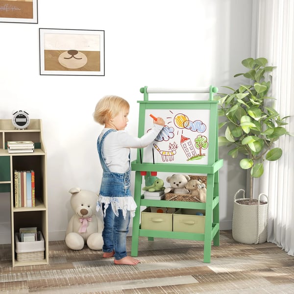 Barnstaffli - 3-i-1 dubbelsidigt rit- och målarstaffli - Whiteboard & griffeltavla - Pappersrulle - Förvaringskorgar - 59×48×118 cm - MDF - Grön