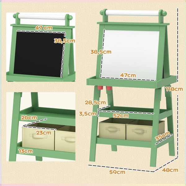 Barnstaffli - 3-i-1 dubbelsidigt rit- och målarstaffli - Whiteboard & griffeltavla - Pappersrulle - Förvaringskorgar - 59×48×118 cm - MDF - Grön