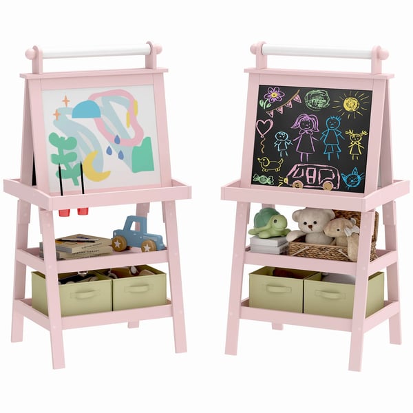 Barnstaffli - 3‑i‑1 rit- och whiteboard - Dubbelsidigt, Pappersrulle, Förvaringskorgar, MDF, 59×48×118 cm - Rosa