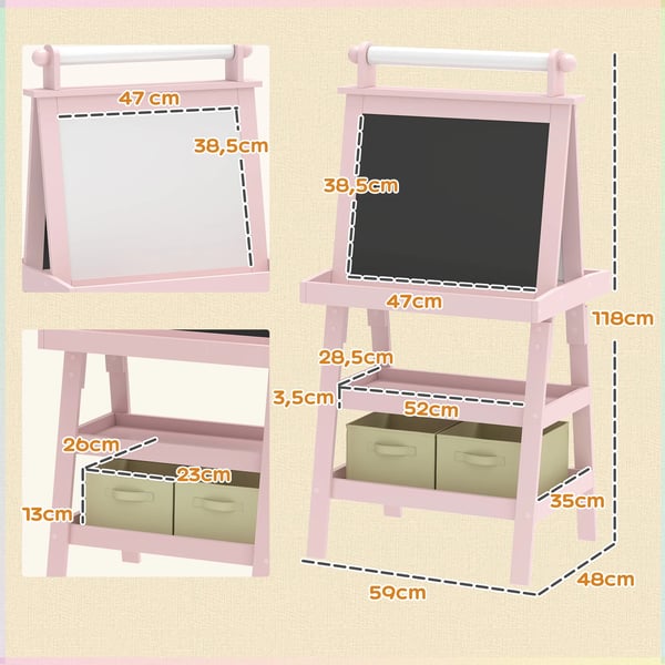Barnstaffli - 3‑i‑1 rit- och whiteboard - Dubbelsidigt, Pappersrulle, Förvaringskorgar, MDF, 59×48×118 cm - Rosa