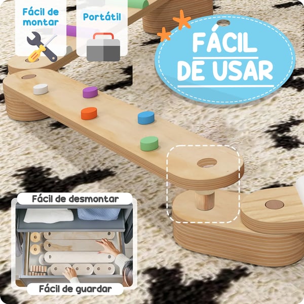 Balansbom för barn - Set i trä - Från 3 år - Laminerat furuträ - Storlek 130×115×8,5 cm - Flerfärgad
