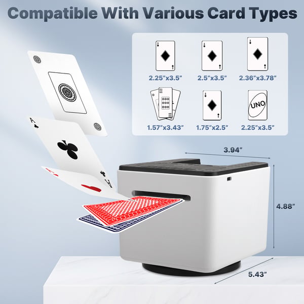 Automatisk kortdeler - Kortgiver - 1–8 spillere - 360° rotation - Tilfældig uddeling - 1–2 kortstokke - USB-genopladelig - Hvid