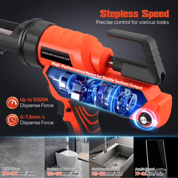 Batteridrevet Fugepistol - Elektrisk Silikonepistol - 12 V - 6 Hastigheder - 2 Batterier - LED-lys - Rød