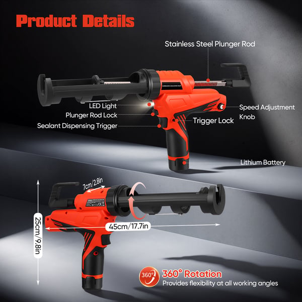 Batteridrevet Fugepistol - Elektrisk Silikonepistol - 12 V - 6 Hastigheder - 2 Batterier - LED-lys - Rød