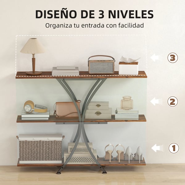 Konsolbord - Avlastningsbord - 2 öppna hyllplan - Metall X-ram - Industriell stil - Montering krävs - Mörk khaki