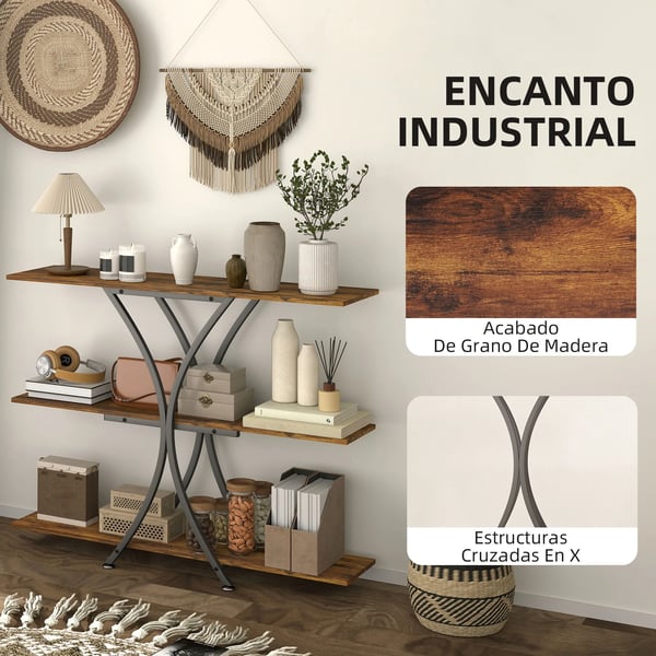 Konsolbord - Avlastningsbord - 2 öppna hyllplan - Metall X-ram - Industriell stil - Montering krävs - Mörk khaki