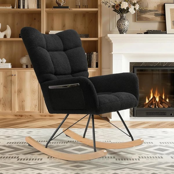 Gyngestol til voksne - Teddy-betrukket glider ammestol - Polstret Komfort - Sidelomme - Metalramme - Moderne Minimalistisk - Sort