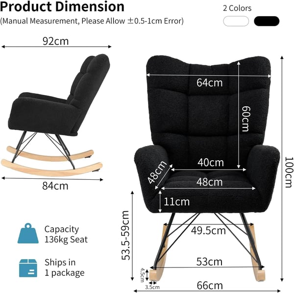 Gyngestol til voksne - Teddy-betrukket glider ammestol - Polstret Komfort - Sidelomme - Metalramme - Moderne Minimalistisk - Sort