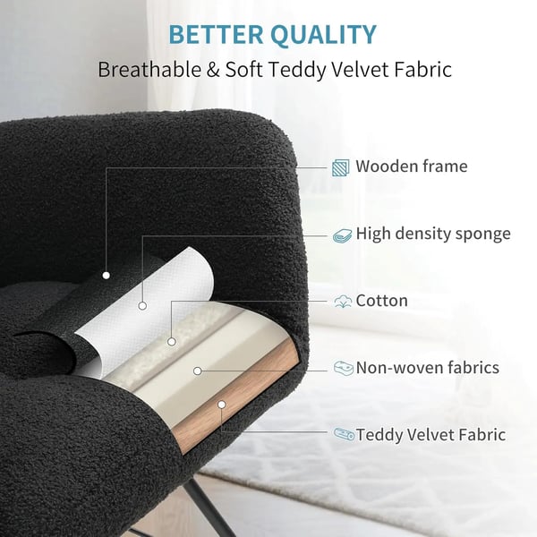 Gyngestol til voksne - Teddy-betrukket glider ammestol - Polstret Komfort - Sidelomme - Metalramme - Moderne Minimalistisk - Sort