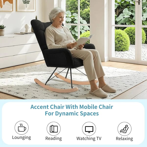 Gyngestol til voksne - Teddy-betrukket glider ammestol - Polstret Komfort - Sidelomme - Metalramme - Moderne Minimalistisk - Sort