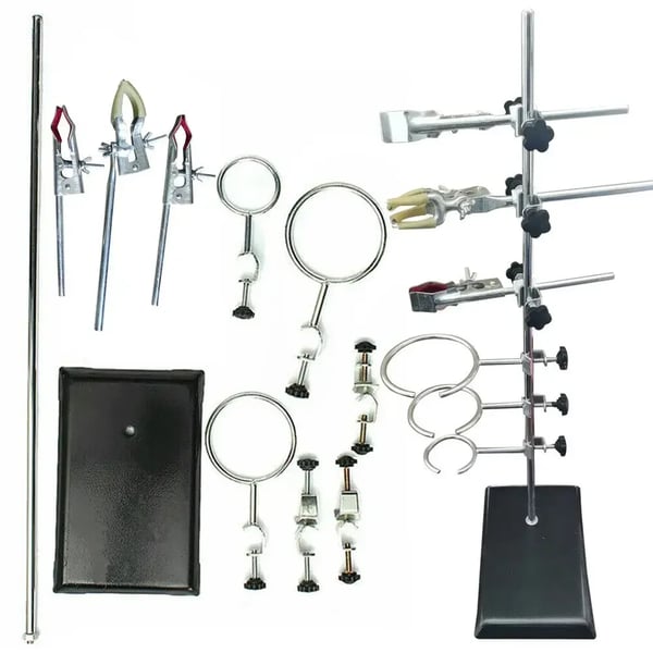 Laboratoriestativ - Sæt med ringklemmer - Højde 60 cm - 3 ringe 10/8/6 cm - Base 14×21 cm - Jern - Sølv/Sort