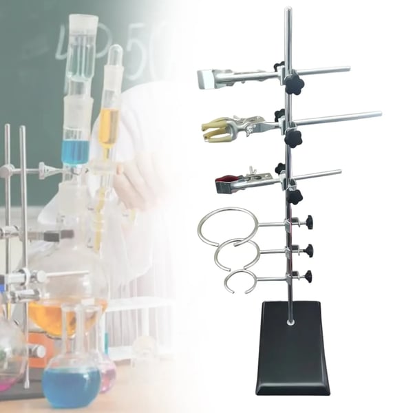 Laboratoriestativ - Sæt med ringklemmer - Højde 60 cm - 3 ringe 10/8/6 cm - Base 14×21 cm - Jern - Sølv/Sort