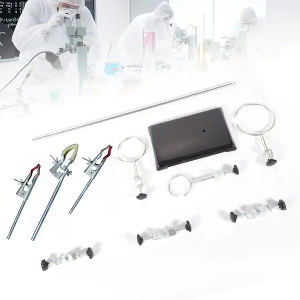 Laboratoriestativ - Sæt med ringklemmer - Højde 60 cm - 3 ringe 10/8/6 cm - Base 14×21 cm - Jern - Sølv/Sort