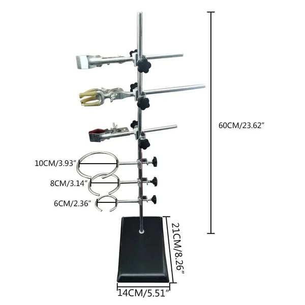 Laboratoriestativ - Sæt med ringklemmer - Højde 60 cm - 3 ringe 10/8/6 cm - Base 14×21 cm - Jern - Sølv/Sort
