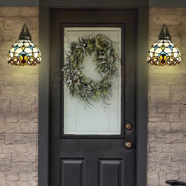 Væglampe i Tiffany-stil - E27-fatning - Farvet glas - LED 6–10 W - Op- & nedadgående lys - Spænding 220 V - Uden pære - Gul