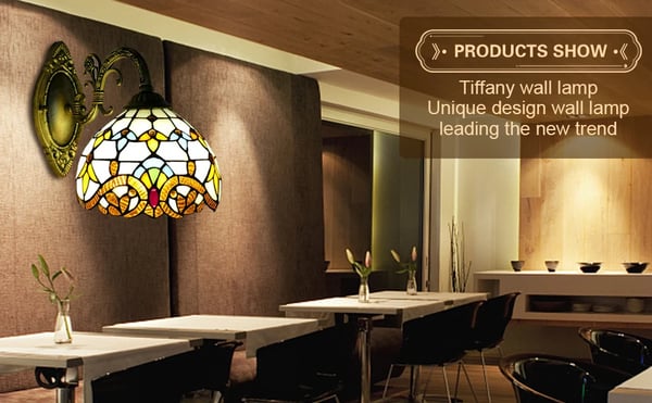 Væglampe i Tiffany-stil - E27-fatning - Farvet glas - LED 6–10 W - Op- & nedadgående lys - Spænding 220 V - Uden pære - Gul