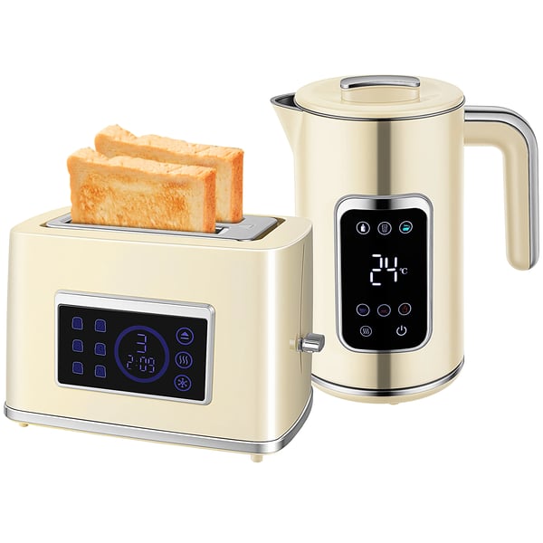 Frukostset - Vattenkokare & Brödrost - Volym 1,7 l 2200 W - Två Skivor Breda Fack - LED-Pekskärm - Mekanisk Timer - EU-plugg - Ljusgul