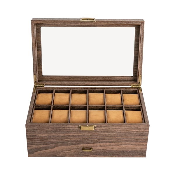 Urkasse - Opbevaringsboks - 24 Rum - 2 Niveauer - PU-Læder - Glaslåg - Bløde puder - 34×21×15 cm - Brun