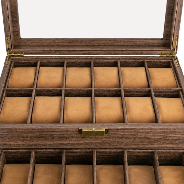 Urkasse - Opbevaringsboks - 24 Rum - 2 Niveauer - PU-Læder - Glaslåg - Bløde puder - 34×21×15 cm - Brun