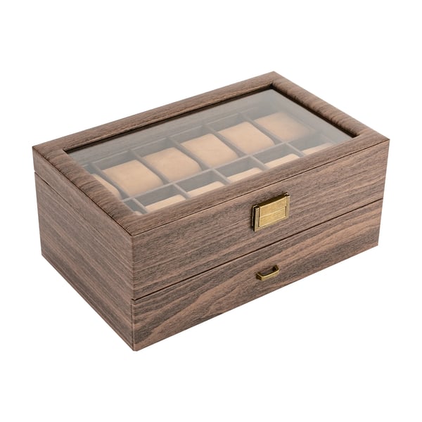 Urkasse - Opbevaringsboks - 24 Rum - 2 Niveauer - PU-Læder - Glaslåg - Bløde puder - 34×21×15 cm - Brun
